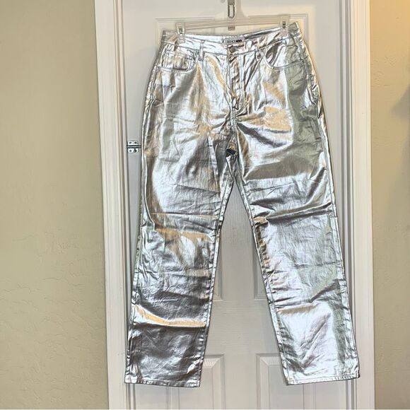 Fashion Nova Felt A Spark Metallic Straight Leg Pants Size 15 Silver - Picture 1 of 10